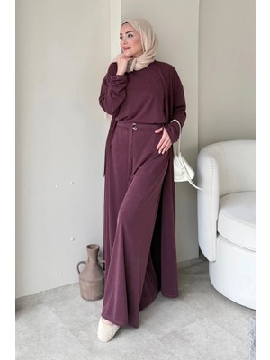 Tesettür Diyarı Fenal Petek Modal Kumaş Kemerli 3' Lü Abaya Takım- Mürdüm