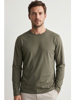 elemge %100 Pamuk Süprem Basic Erkek T-Shirt Compact Penye Tok Yumuşak Kumaş Normal Kalıp Terletmez Uzun Kollu Haki Sporcu Motorcu Tişört Body