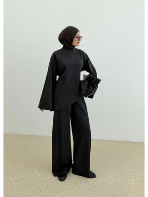 Moda Aksa 9203 Asimetrik Bluz Pantl Takım Siyah