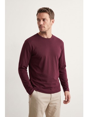 Elemge %100 Pamuk Süprem Basic Erkek T-Shirt Compact Penye Tok Yumuşak Kumaş Normal Kalıp Terletmez Uzun Kollu Bordo Sporcu Motorcu Tişört Body