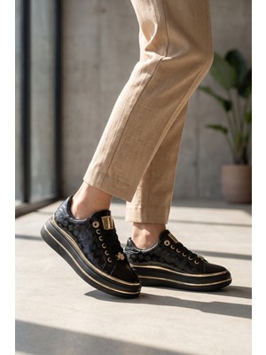 Ayakmod Siyah Cilt Kalın Rahat Tabanlı Bağcıklı Kadın Casual Yürüyüş Ayakkabı Sneaker 431173