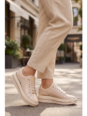 Ayakmod Bej Cilt Kalın Rahat Tabanlı Bağcıklı Kadın Casual Yürüyüş Ayakkabı Sneaker 431173