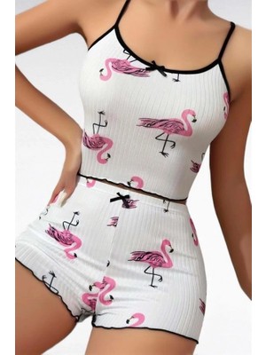 Amora Secret  Pamuklu Beyaz Üstüne Pelikan Desen Fitilli Askılı Şortlu Pijama Takımı