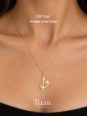 Tuan Collection Komple Çelik Manevi Elif Vav Kolye Gold Renk Unisex Kolye