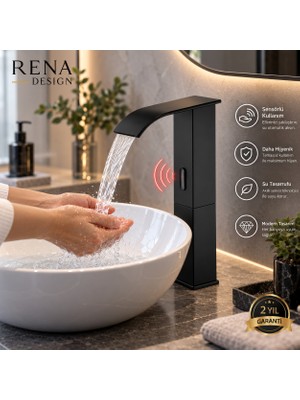 Rena Design Fotoselli Sensörlü Siyah Kare Çanak Lavabo Bataryası Temassız Otomatık Tasarruflu Modern Musluk