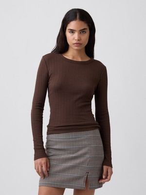Gap Kadın Kahverengi Essential Fitilli Pointelle T-Shirt