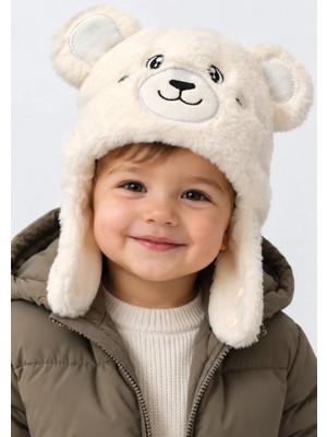 İrem Çocuk Giyim Erkek Bebek /kız Bebek Ayıcık Temalı Boyundan Çıtçıt Bağlamalı Krem Renk Peluş Bere