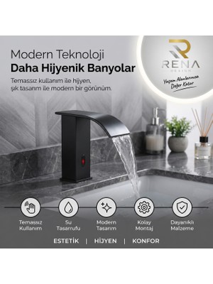 Rena Design Fotoselli Sensörlü Siyah Kare Lavabo Bataryası Temassız Otomatık Tasarruflu Modern Musluk