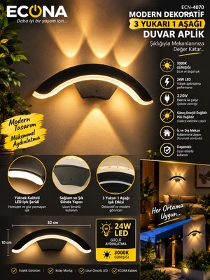 Econa Modern Dekoratif 3 Yukarı 1 Aşağı Işık Izli Duvar Aplik - 3000K Günışığı 24W Ledli Dış/iç Mekan Aplik,ledli Lamba,led Lamba,duvar Aydınlatma