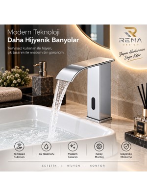 Rena Design Fotoselli Sensörlü Krom Kare Lavabo Bataryası Temassız Otomatık Tasarruflu Modern Musluk