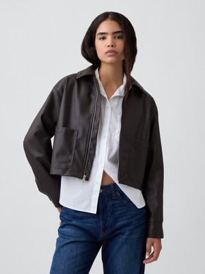 Gap Kadın Koyu Kahverengi Relaxed Crop Vegan Deri Ceket