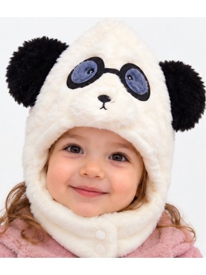 İrem Çocuk Giyim Erkek Bebek /kız Bebek Panda Temalı Boyundan Çıtçıt Bağlamalı Krem Renk Peluş Bere