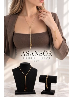 İnvictus Design Invictus Design Kadın Gold Yılan Zincirli Ayarlanabilir Trend Asansör Boncuklu Bileklik ve Y Model Kolye 2'li Set Zarif Hediye Seçeneği