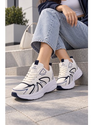 Tonny Black Kadın Beyaz Lacivert Rahat Kalıp Faylon Taban Bağcıklı Sneaker