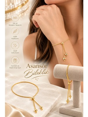 İnvictus Design Invictus Design Kadın Gold Asansör Yılan Zincir Boncuklu Ayarlanabilir Bileklik Trend Zarif Hediye Seçeneği