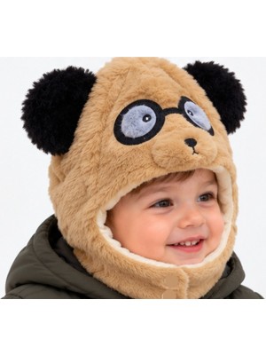 İrem Çocuk Giyim Erkek Bebek /kız Bebek Panda Temalı Boyundan Çıtçıt Bağlamalı Kahverengi Renk Peluş Bere