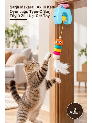 Yenilig 3 Adet Otomatik Yo-Yo Kedi Oyuncağı – Şarjlı Makaralı Akıllı Kedi Oyuncağı, Type-C Şarj, Tüylü Zilli Uç, Cat Toy
