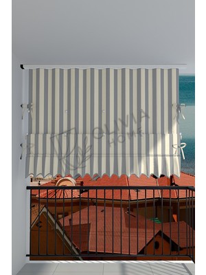 Görgülü Shop Çıtçıtlı ve Fırfırlı Yüksekliği Ayarlanabilen Katlanabilir Gri Krem Balkon Perdesi