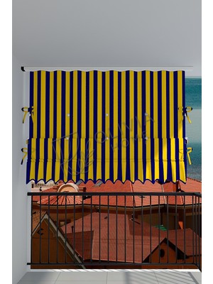Görgülü Shop Çıtçıtlı ve Fırfırlı Yüksekliği Ayarlanabilen Katlanabilir Sarı Lacivert Balkon Perdesi