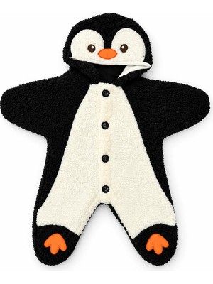 Beniizle Penguen Desenli Peluş Kapüşonlu Bebek Tulumu