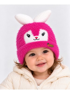 İrem Çocuk Giyim Kız Bebek Tavşan Modelli Kulaklı Koyu Pembe Renk 6 Ay - 3 Yaş Peluş Bere