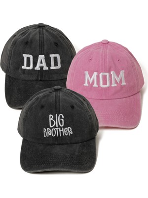 Nome Studio Nakışlı Mom Dad Big Brother Antrasit Pembe Şapka 3lü Paket Anne Baba Erkek Çocuk Yıkamalı Kumaşlı Şapka Pamuklu Ayarlı