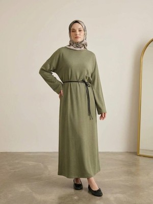 Miostil Comfort Dokulu Uzun Elbise -Haki