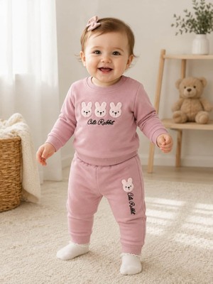 Haknur Cute Rabbit Baskılı Eşofman Takımı - Pudra Pembe