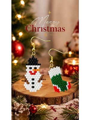 Seard Miyuki Boncuk El Yapımı Çorap ve Kardan Adam Küpe Yılbaşı Christmas Noel