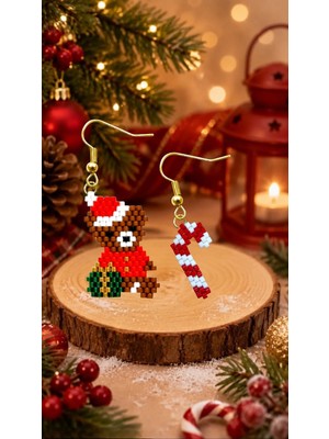 Seard Miyuki Boncuk El Yapımı Ayıcık ve Baston Şeker Küpe Yılbaşı Christmas Noel