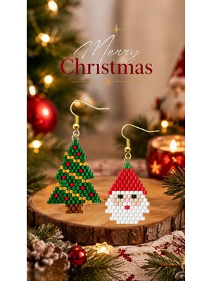 Seard Miyuki Boncuk El Yapımı Noel Baba ve Çam Ağacı Küpe Yılbaşı Christmas Noel