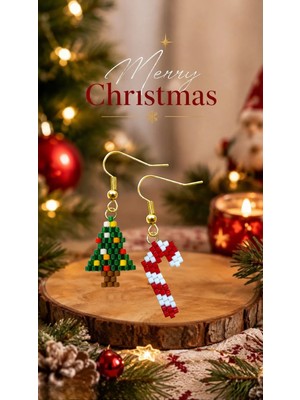 Seard Miyuki Boncuk El Yapımı Baston Şeker ve Minik Çam Ağacı Küpe Yılbaşı Christmas Noel