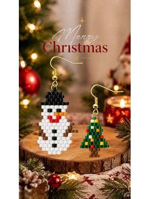 Seard Miyuki Boncuk El Yapımı Minik Çam Ağacı ve Kardan Adam Küpe Yılbaşı Christmas Noel