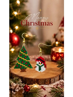 Seard Miyuki Boncuk El Yapımı Minik Kardan Adam ve Çam Ağacı Küpe Yılbaşı Christmas Noel