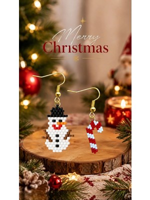 Seard Miyuki Boncuk El Yapımı Baston Şeker ve Kardan Adam Küpe Yılbaşı Christmas Noel