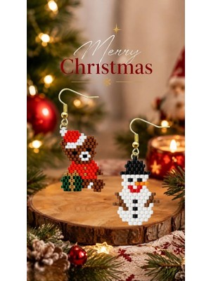 Seard Miyuki Boncuk El Yapımı Ayıcık ve Kardan Adam Küpe Yılbaşı Christmas Noel
