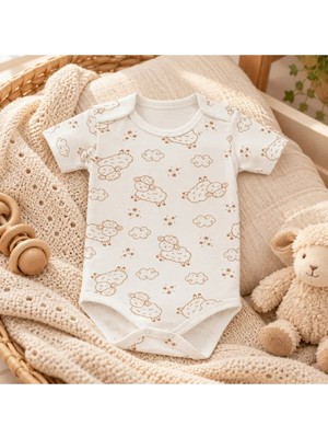 Cantaz Unisex Bebek Kuzu Desenli %100 Pamuk Kısa Kollu Çıtçıtlı Body Zıbın
