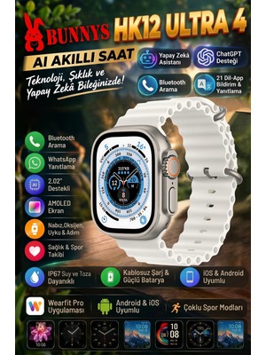 Bunnys Apple iPhone 13 Pro Uyumlu Ultra 4 Aı Akıllı Saat IP67 Su Geçirmez What Sapp Sesli Mesaj Gönderme Amoled Bluetooth Aramalı