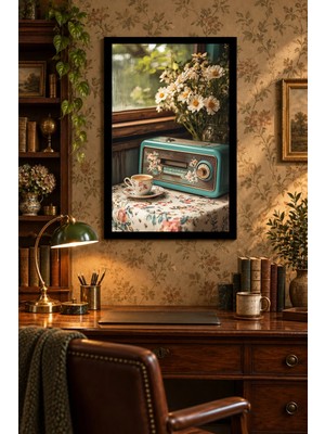 Soprano Eski Radyo ve Çay Fincanı, Dekoratif Mdf Tablo, Çerçeve Görünümlü Ahşap Poster