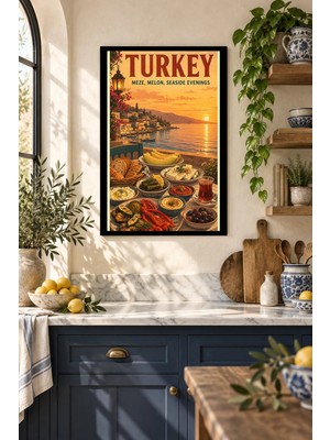 Soprano Türkiye Mutfağı ve Deniz Afişi, Dekoratif Mdf Tablo, Çerçeve Görünümlü Ahşap Poster