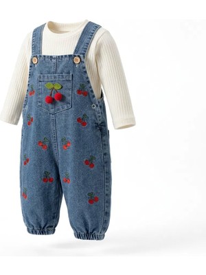 Mutlu Bebe Bulvar Kız Çocuk Çiçek Nakışlı Kot Salopet Elbise Sweatshirt %100 Pamuklu 2’li Kombin Seti