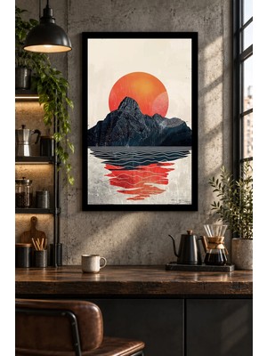 Soprano Kırmızı Güneş ve Dağ Yansıması, Dekoratif Mdf Tablo, Çerçeve Görünümlü Ahşap Poster