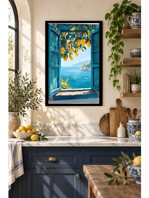 Soprano Limonlu Mavi Pencere ve Deniz, Dekoratif Mdf Tablo, Çerçeve Görünümlü Ahşap Poster