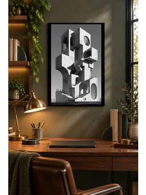 Soprano Siyah Beyaz Geometrik Mimari, Dekoratif Mdf Tablo, Çerçeve Görünümlü Ahşap Poster