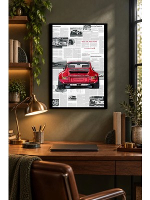 Soprano Kırmızı Otomobil ve Gazete Kolajı, Dekoratif Mdf Tablo, Çerçeve Görünümlü Ahşap Poster