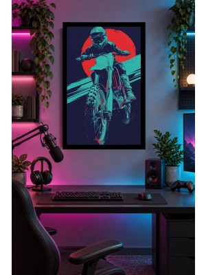Soprano Neon Renkli Motokros Sürücüsü, Dekoratif Mdf Tablo, Çerçeve Görünümlü Ahşap Poster