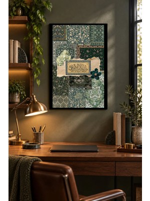Soprano Yeşil Çini Desenli Hat Sanatı, Dekoratif Mdf Tablo, Çerçeve Görünümlü Ahşap Poster