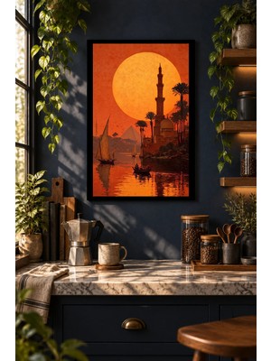 Soprano Turuncu Güneşli Cami ve Yelkenli, Dekoratif Mdf Tablo, Çerçeve Görünümlü Ahşap Poster
