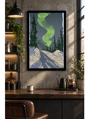 Soprano Kuzey Işıkları ve Karlı Orman, Dekoratif Mdf Tablo, Çerçeve Görünümlü Ahşap Poster