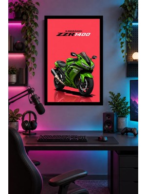 Soprano Kırmızı Zeminde Yeşil Motosiklet, Dekoratif Mdf Tablo, Çerçeve Görünümlü Ahşap Poster